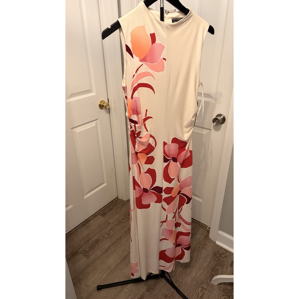 NWT Maggy London Terry Asymmetrical Floral Mock Neck Midi Dress Cream Size 4